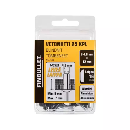 Finbullet Vetoniitti alumiini 4,8 × 12 mm, laippa 16 mm, 25 kpl, musta - Vetoniittipihdit ja niitit - 2770 - 1