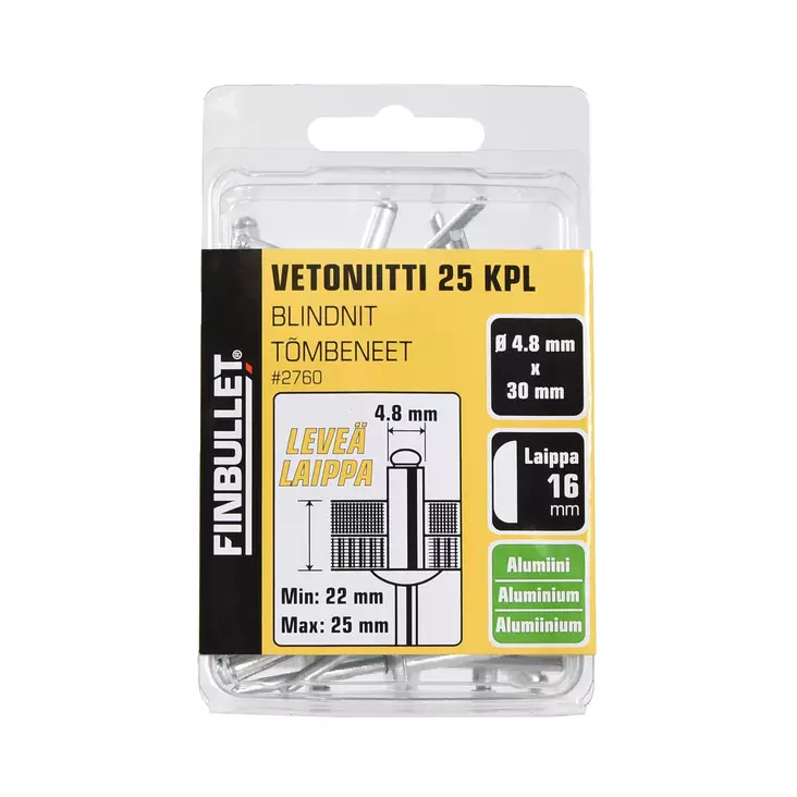 Vetoniitti alumiini 4.8*30mm laippa 16mm - Popnittänger och popnitar - 2760 - 1