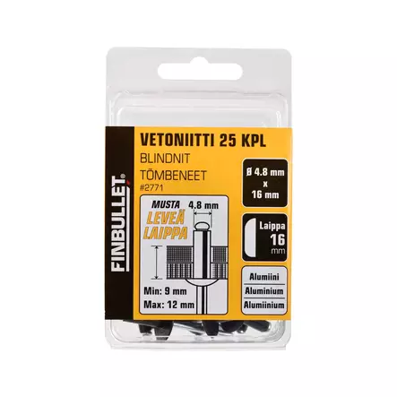 Finbullet Vetoniitti alumiini 4,8 × 16 mm, laippa 16 mm, 25 kpl, musta - Vetoniittipihdit ja niitit - 2771 - 1