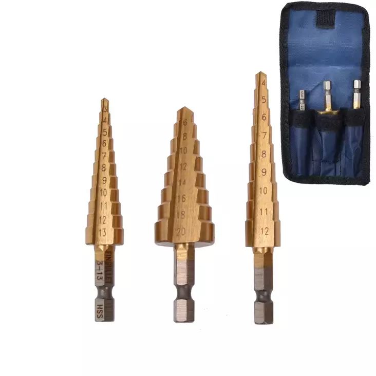 3 pcs step drill set tin coat 1T 3-13 mm 2T 4-12 mm 3T 6-20 mm - Senkkausporat - 1741 - 1