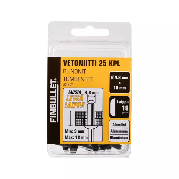 Finbullet Vetoniitti alumiini 4,8 × 16 mm, laippa 16 mm, 25 kpl, musta - Vetoniittipihdit ja niitit - 2771 - 1