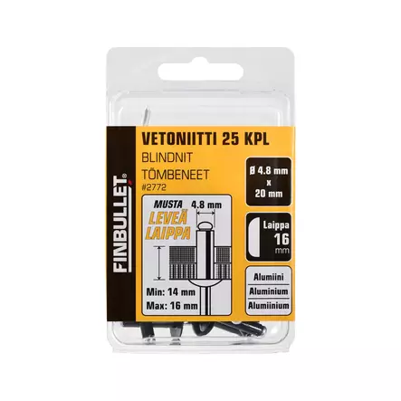 Finbullet Vetoniitti alumiini 4,8 × 20 mm, laippa 16 mm, 25 kpl, musta - Vetoniittipihdit ja niitit - 2772 - 1