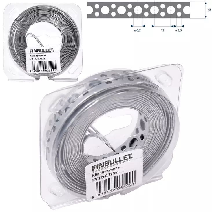 STEEL STRAP 12MMx0,7MMx3 METER PERFORATED - Patentti- ja kiinnitysvanteet - 3522 - 1