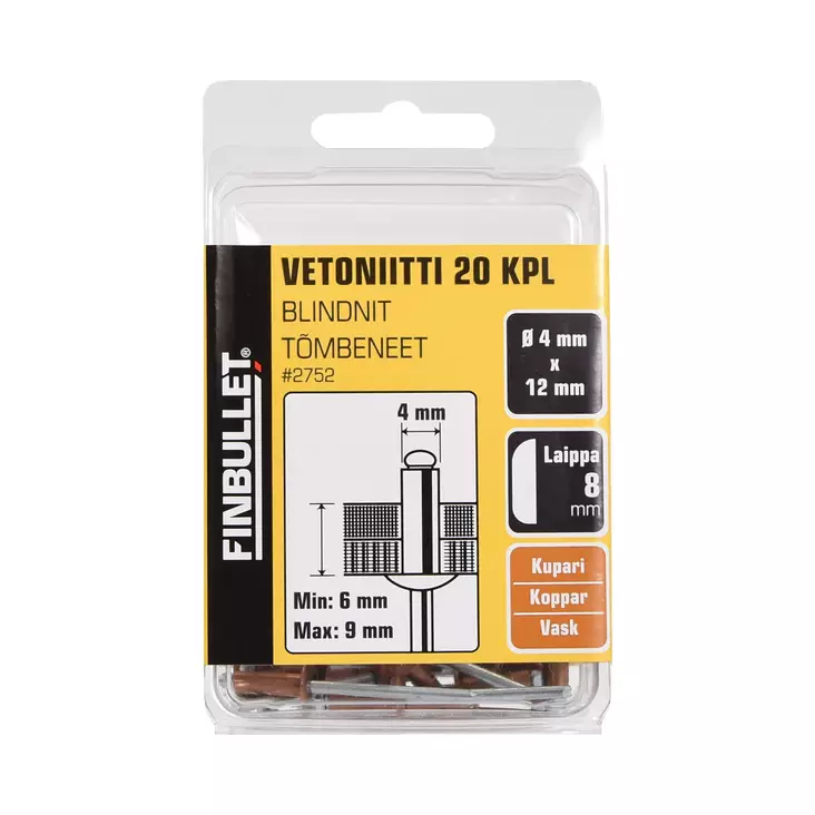 Finbullet Vetoniitti Kupari 4.0 x 12 mm laippa 8.0 mm 20 kpl - Vetoniittipihdit ja niitit - 2752 - 1