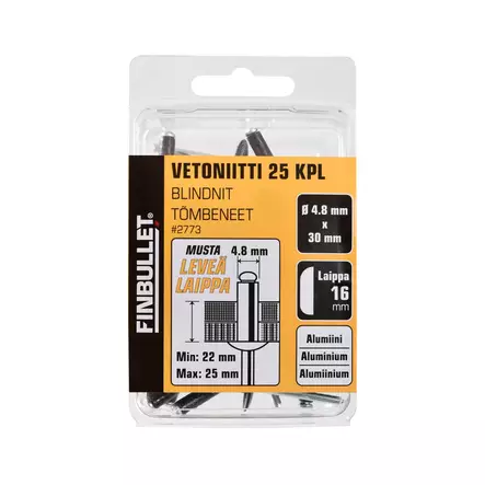 Finbullet Vetoniitti alumiini 4,8 × 30 mm, laippa 16 mm, 25 kpl, musta - Vetoniittipihdit ja niitit - 2773 - 1