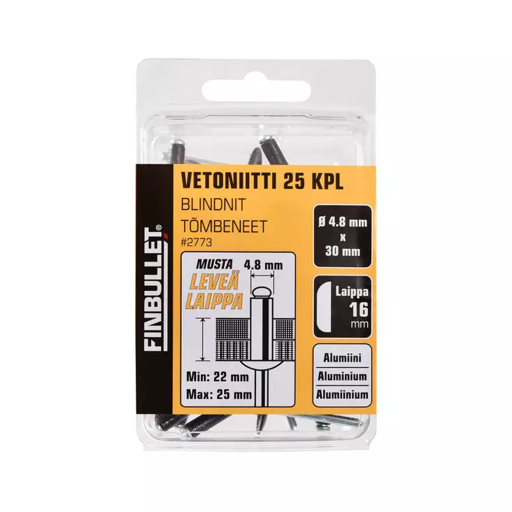 Finbullet Vetoniitti alumiini 4,8 × 30 mm, laippa 16 mm, 25 kpl, musta - Vetoniittipihdit ja niitit - 2773 - 1