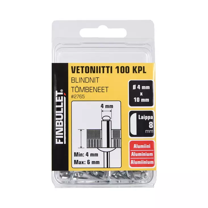 Finbullet Vetoniitti alumiini 4.0 x 10 mm laippa 8 mm 100 kpl - Vetoniittipihdit ja niitit - 2765 - 1