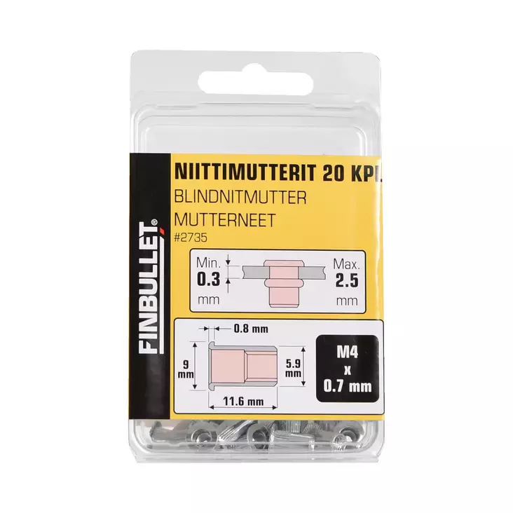 Niittimutteri M4 x 11.6mm 20pcs - Popnittänger och popnitar - 2735 - 1