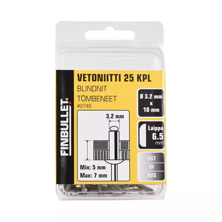 Vetoniitti ruostumaton 3.2*10mm Laippa 6 - Popnittänger och popnitar - 2745 - 1