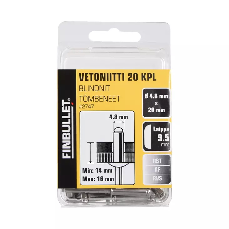 Finbullet Vetoniitti RST 4.8 x 12 mm Laippa 9.5 mm 20 kpl - Vetoniittipihdit ja niitit - 2747 - 2