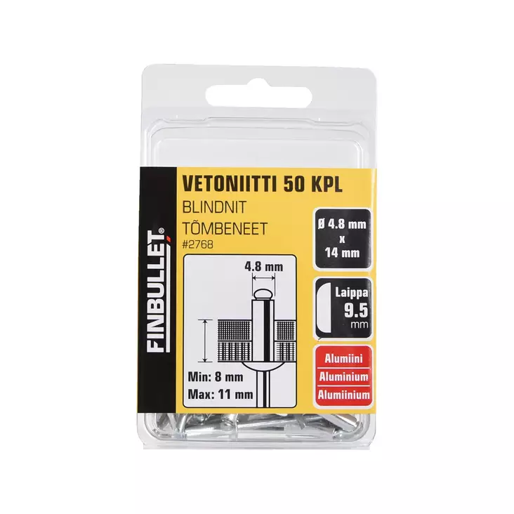 Finbullet Vetoniitti alumiini 4.8 x 14 mm laippa 9.5 mm 50 kpl - Vetoniittipihdit ja niitit - 2768 - 1