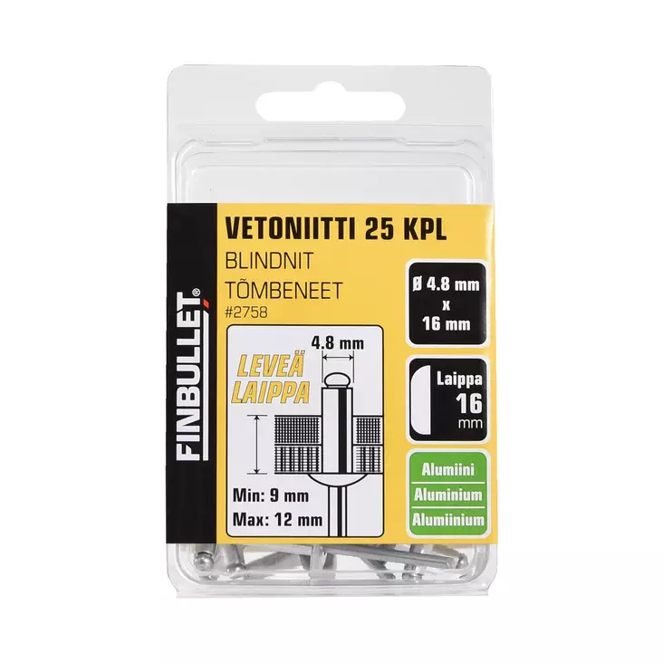 Finbullet Vetoniitti alumiini 4.8 x 16 mm laippa 16 mm 25 kpl - Vetoniittipihdit ja niitit - 2758 - 1