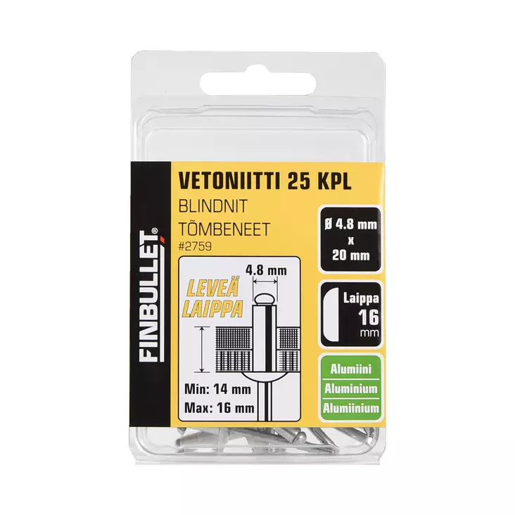 Vetoniitti alumiini 4.8x20mm laippa 16mm - Popnittänger och popnitar - 2759 - 1